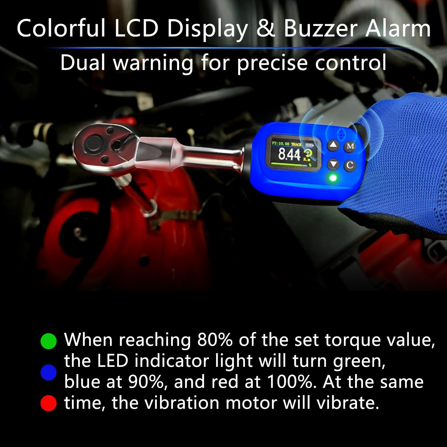 Adjustable Digital Torque Wrench, 5-99.6 Ft-lbs/6.8-135 Nm, Hvac Torque Wrench with 38 mm Adjustable Jaw, 3/8 Drive Ratchet, ±1% Accuracy, Color TFT Screen, Vibration, Buzzer and LED Indicator