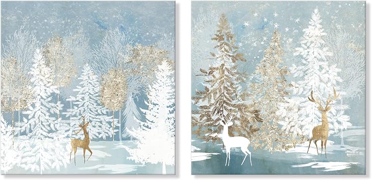 SEVEN WALL ARTS Christmas Wall Art Moose Deer Picture Wall Decor Natural Elk Canvas White Snow Trees Posters Snowflake Winter Blue Decorations for Living Room Farmhouse Bathroom Holiday Decor