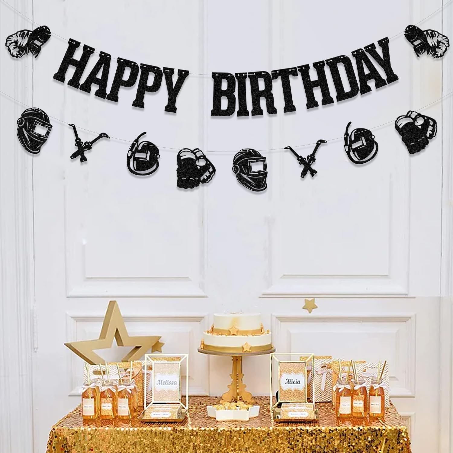 Welder Happy Birthday Banner - Welder Birthday Decorations - Soldering Party Decoration Black Glitter