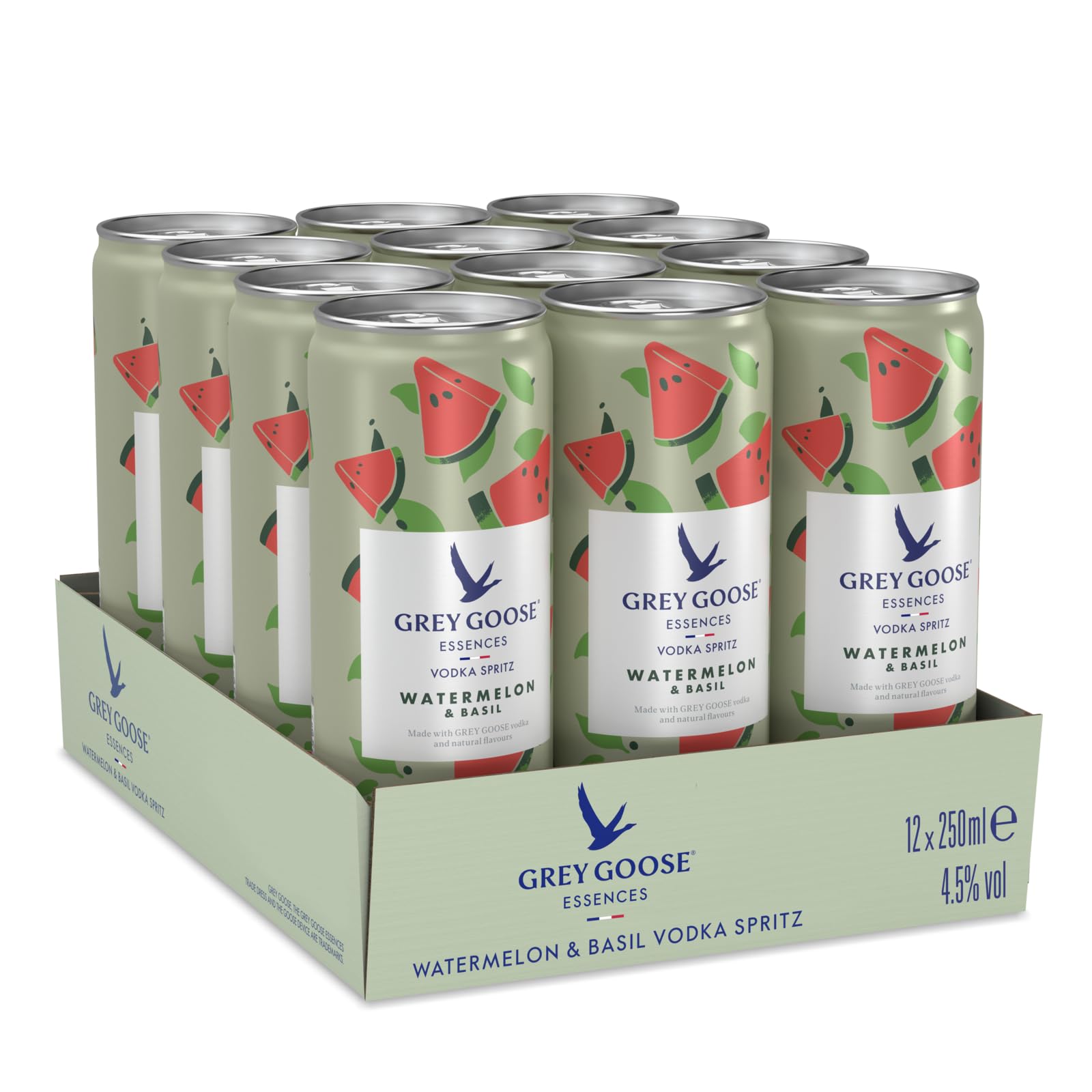 Grey Goose Essences Vodka Spritz, Watermelon & Basil, 4.5% ABV, 12 x 25cl / 250ml, Ready-To-Drink Pre-Mixed Cocktail Can, Made with Grey Goose Vodka & Natural Flavours