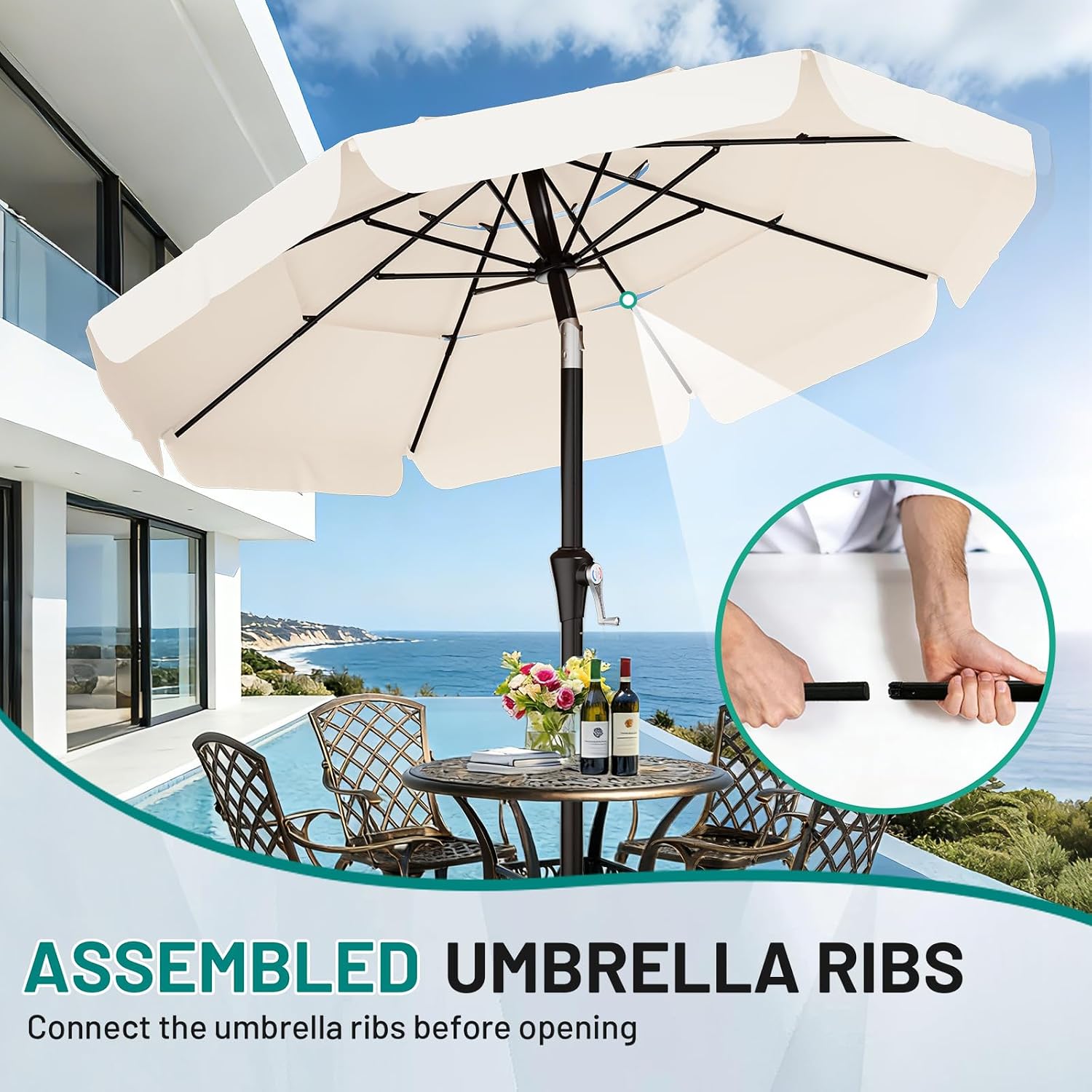 AreShark 10FT 3-Tiers Patio Umbrella with Valance, Outdoor Umbrellas with Crank/Tilt, Table Market Umbrella Vented w/ 8 Sturdy Ribs for Garden, Deck, Backyard, and Pool, Cream White