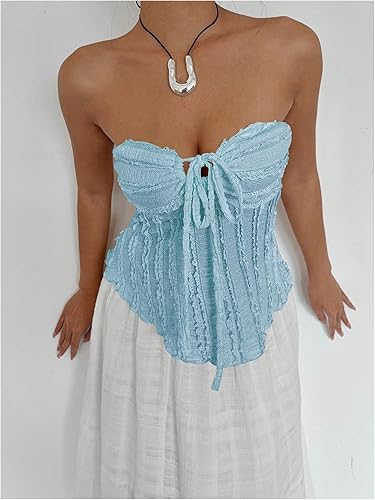 Miniatura 5 de SOLY HUX Top de tubo asimétrico sin tirantes con ribete de volantes para mujer