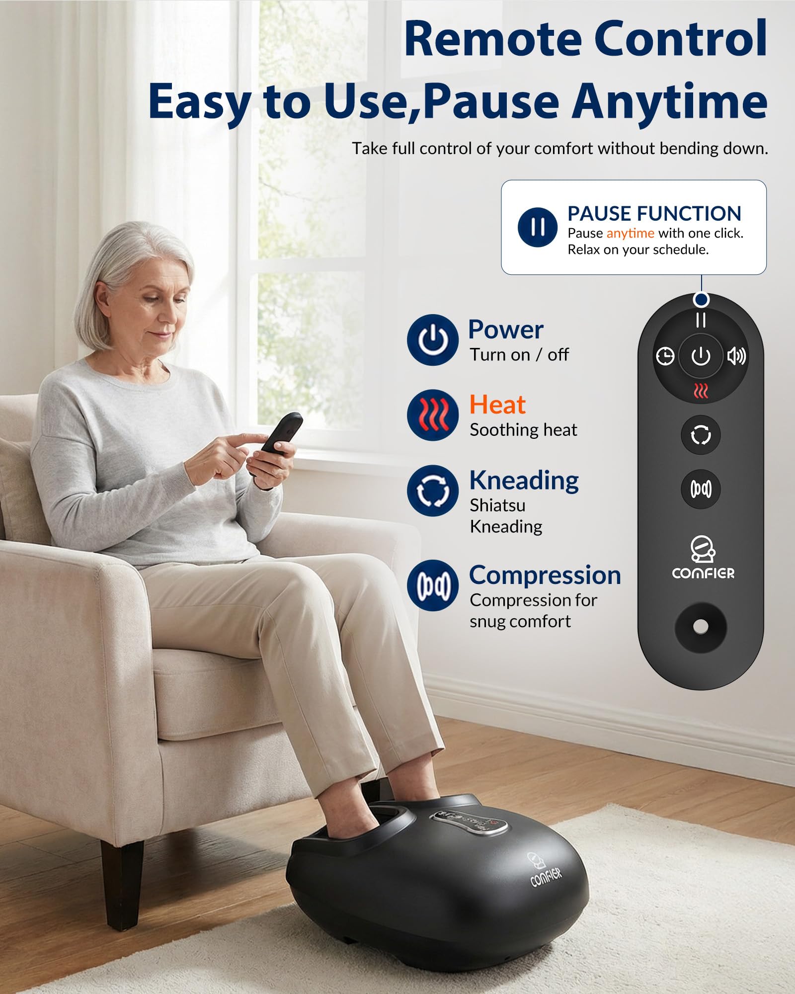 COMFIER Fußmassagegerät mit Shiatsu, Tiefenkneten, Vibration, Rollen, Kompression, beheiztes Fußmassagegerät für Plantarfasziitis, Multi-Modi-Einstellungen, Fernbedienung, Geburtstagsgeschenke für