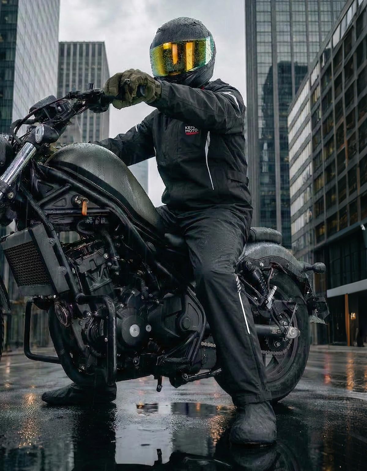 KEMIMOTO Tuta Antipioggia Moto Uomo, Impermeabile 20000mm con Strisce Riflettenti, Abbigliamento Pioggia per Motociclisti Traspirante Antivento con Cappuccio a Scomparsa