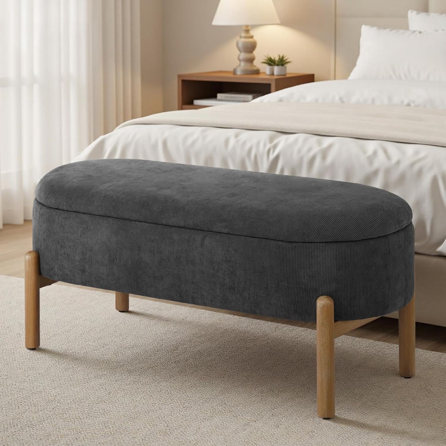 Oval Storage Ottoman Bench for Bedroom, Upholstered Corduroy End of Bed Bench with Solid Wood Legs, Large Modern Aesthetic Storage Ottoman for Living Room, Entryway, Hallway, Under Window (Grey)