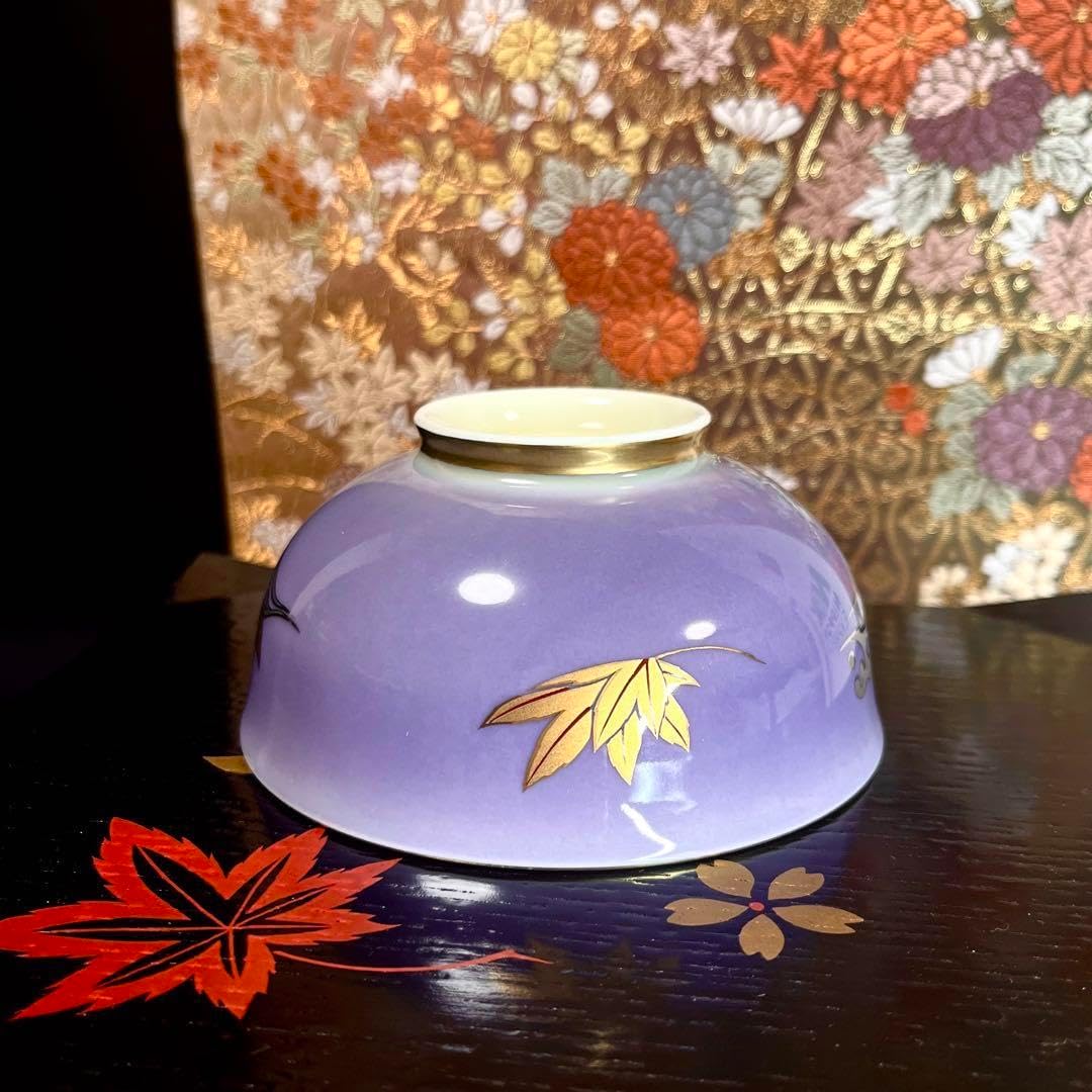 廃番レア品 深川製磁 金プラチナ銀彩 紅葉流水紋 飯茶碗