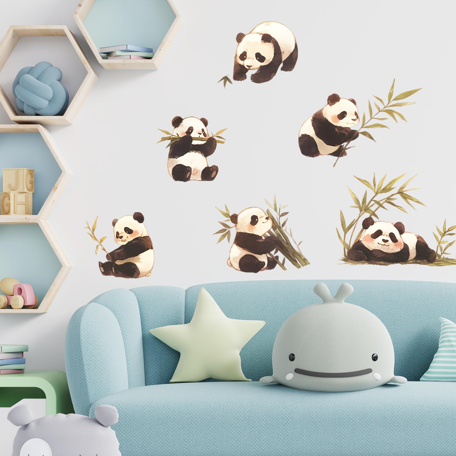 Calcomanías de pared de bambú con diseño de pandas bebé comiendo animales para guardería, calcomanías de pared para niños, removibles, para despegar y pegar, decoración del hogar, para aula,