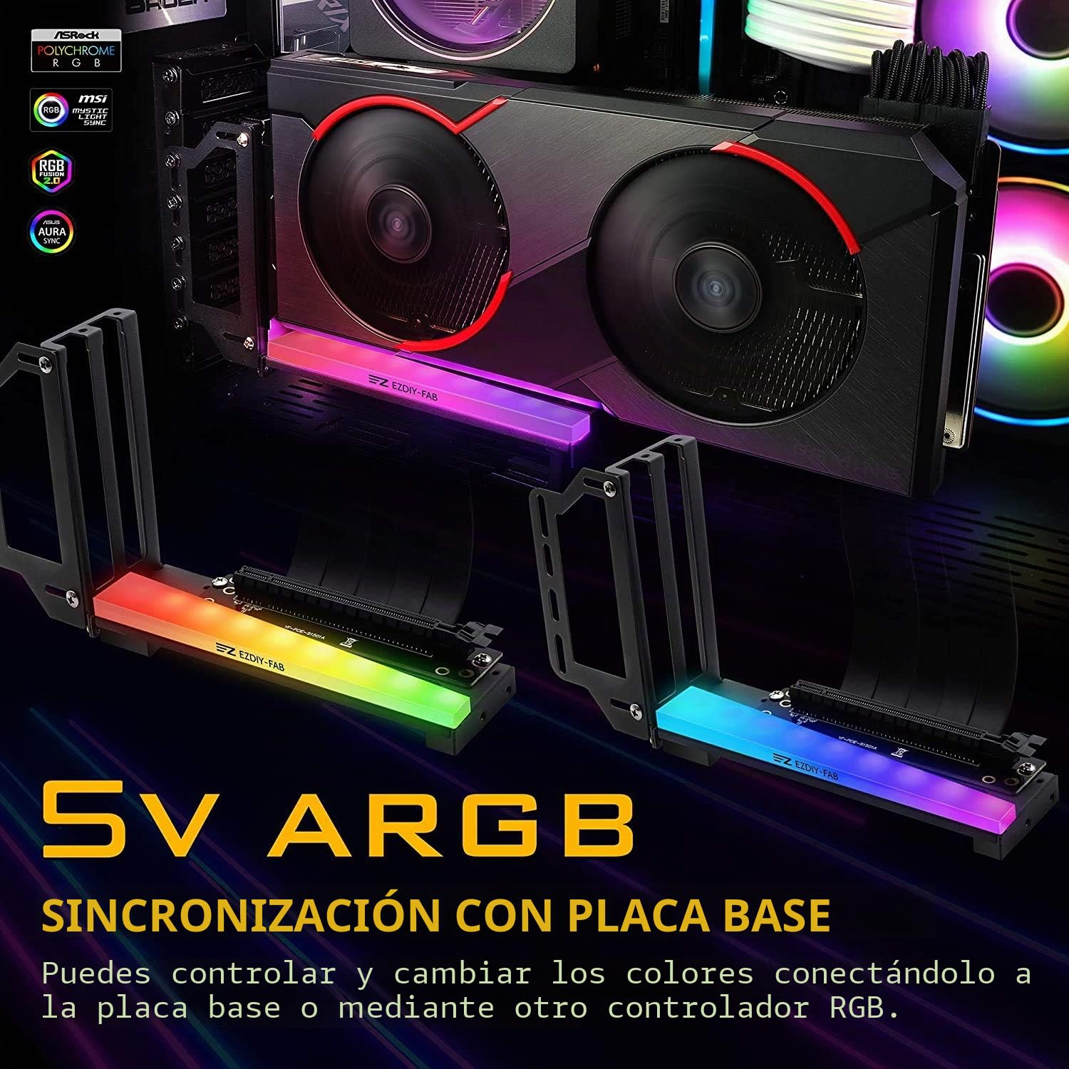 EZDIY-FAB Soporte para Tarjeta gráfica Vertical con LED ARGB 5 V 3 Pines, Montaje GPU, Kit Soporte Tarjeta vídeo VGA con Cable Elevador PCIE3.0-Negro