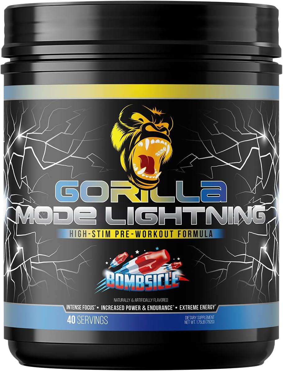 Gorilla Mode Lightning Pre-Workout - Extreme Energy · Laser Focus · Powerful Pumps · Peak Performance - 550mg Caffeine, 13500mg L-Tyrosine, Alpha-GPC– 792g (Bombsicle)