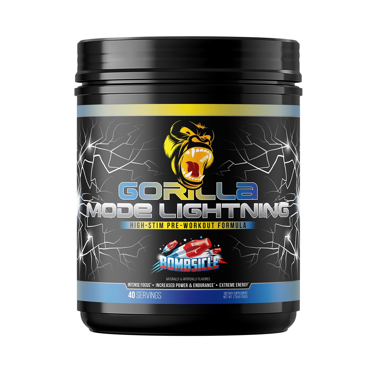 Gorilla Mode Lightning Pre-Workout - Extreme Energy · Laser Focus · Powerful Pumps · Peak Performance - 550mg Caffeine, 13500mg L-Tyrosine, Alpha-GPC– 792g (Bombsicle)
