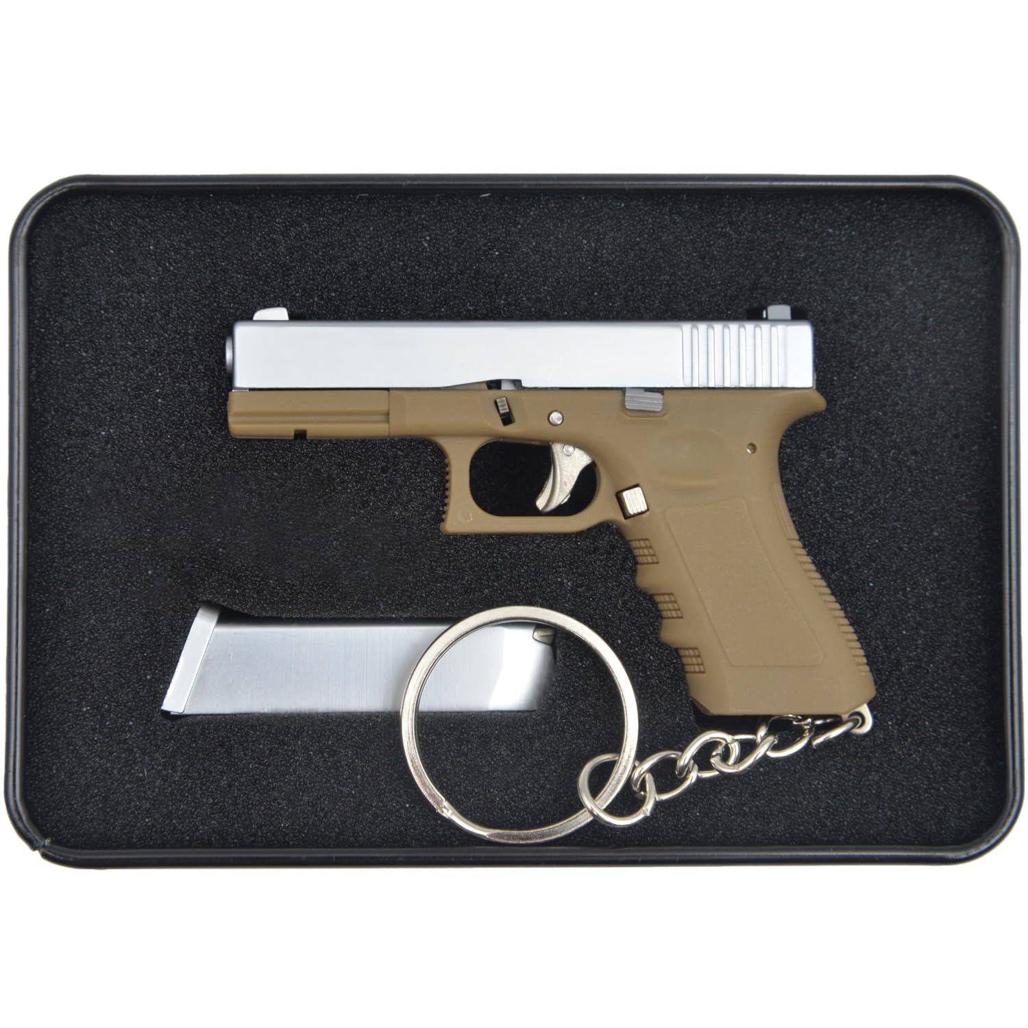 G17 Mini Pistol Keyring Model Tactical Pistol Shape Keyring Pistol Model Keyring Ornament Collection for Men Army Fan Boys Gift (Brown & Silver)