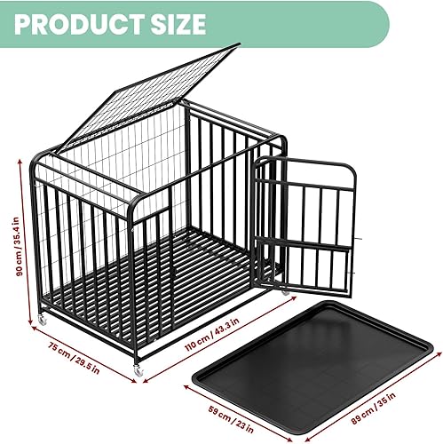 Miniatura 5 de Jaula resistente de 42 pulgadas con ruedas, perrera de acero indestructible con doble puerta, diseño a prueba de fugas para perros grandes, para uso