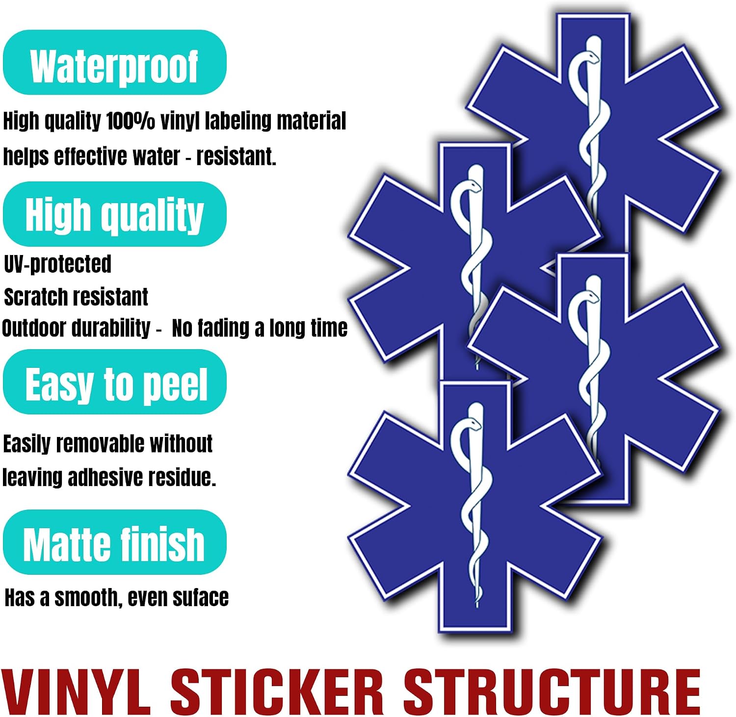 Pack 4PCS Star of Life Sticker Blue Medical Paramedic Ambulance Waterproof Vinyl Decals Decor Water Bottle Laptop Phone Car Truck Hard Hat Helmet Gifts for EMS EMT Nurse Doctor image 2