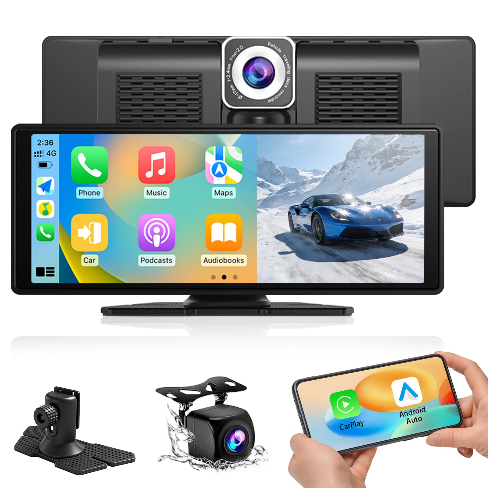 10.26" Pantalla Carplay Coche para Apple y Android, Cámara Trasera HD 1080P, Soporte Magnético, OTA, Bluetooth, Navegación GPS, Control por Voz Manos Libres, Mirror Link, FM, AUX