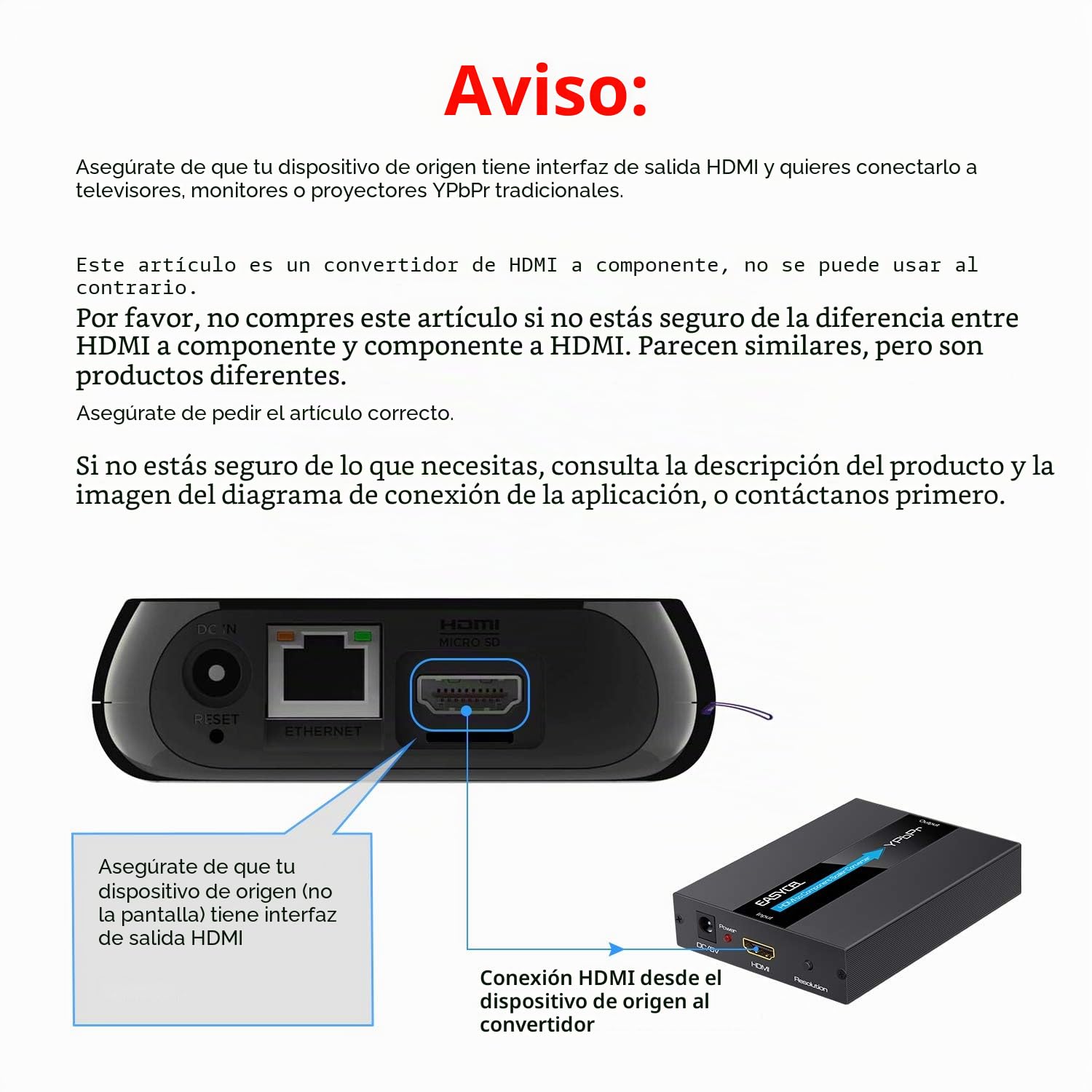 Convertidor HDMI a componente con HDMI y cables de componentes, EASYCEL Aluminum 1080P HDMI a YPbPr/5RCA, compatible con salida de componentes 480i 576i