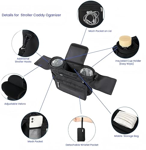 Miniatura 3 de Organizador de cochecito con portavasos aislados y muñequera desmontable  Carrito de cochecito de ajuste universal  Se convierte en bolsa de hombro