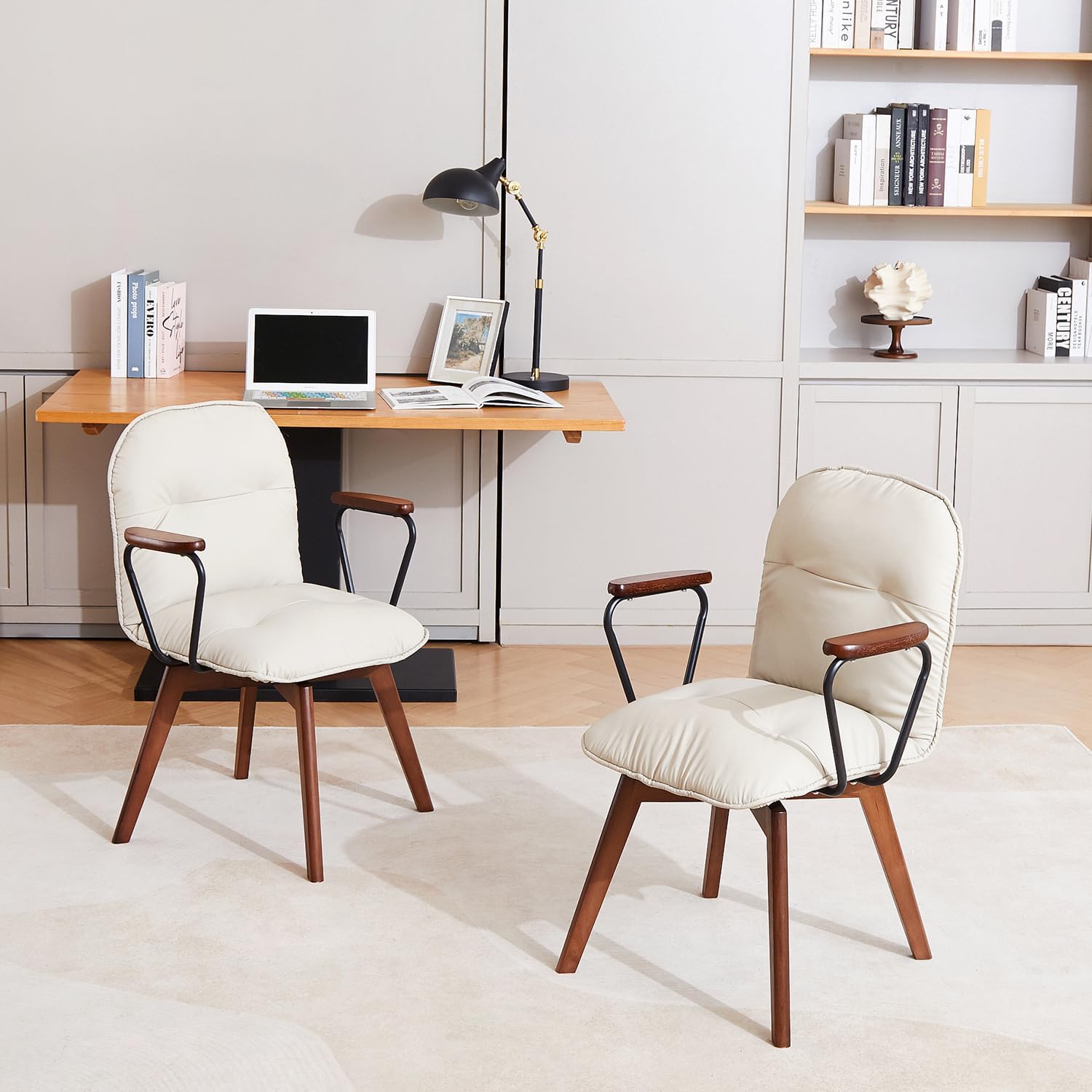 zyz Mid Century Modern Accent Chair, Solid Wood Arms & Legs, 360° Swivel Desk Chair No Wheels, Upholstered Vanity Chair, PU Leather Armchair for Home Office Living Room Bedroom (Khaki, Set of 2)