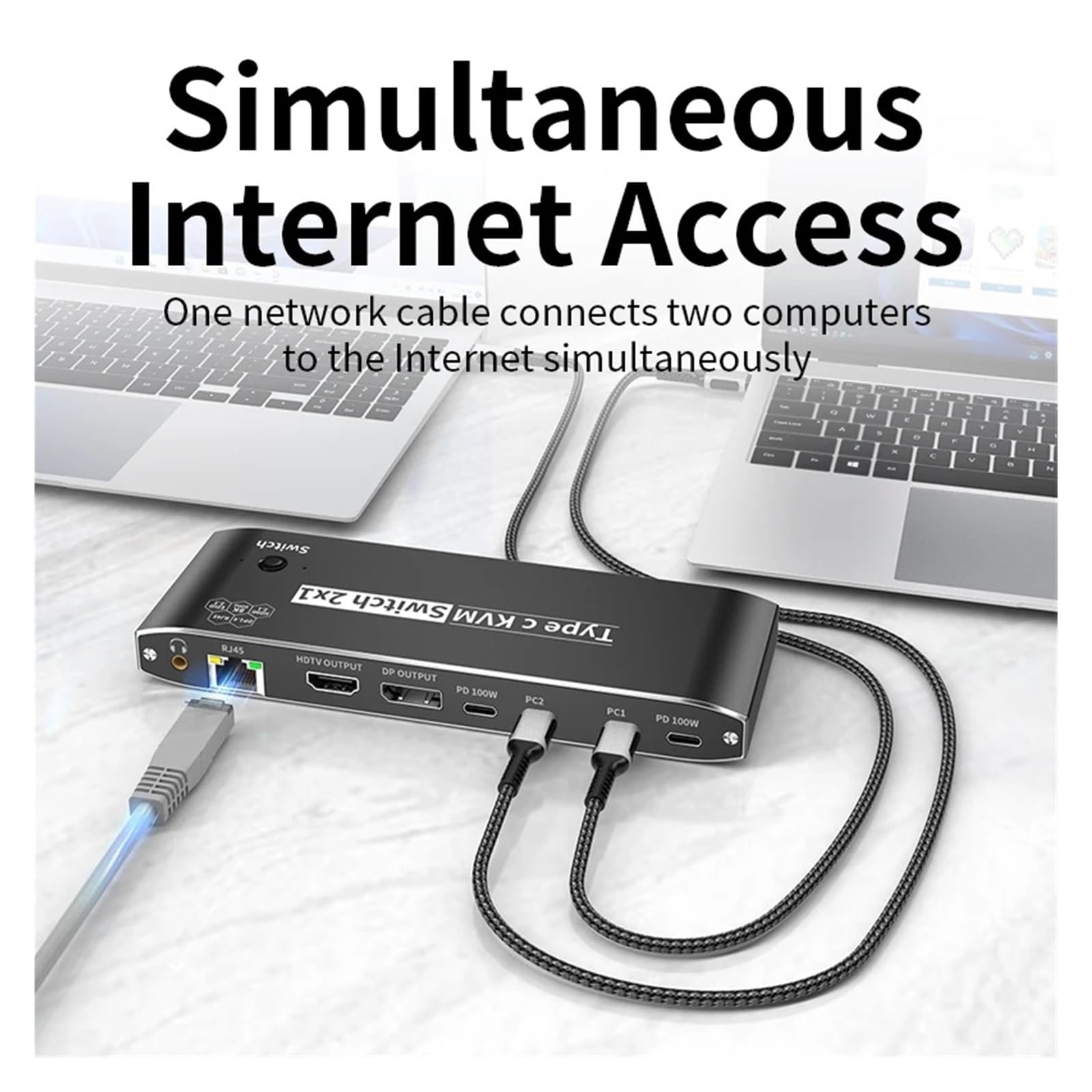 Commutateur KVM Commutateur KVM USB C vers HMI DP 3500W 8K, commutateur vidéo 4K120Hz avec Port réseau RJ45 PD 100W, Charge for 2 PC vers 1 Moniteur TV