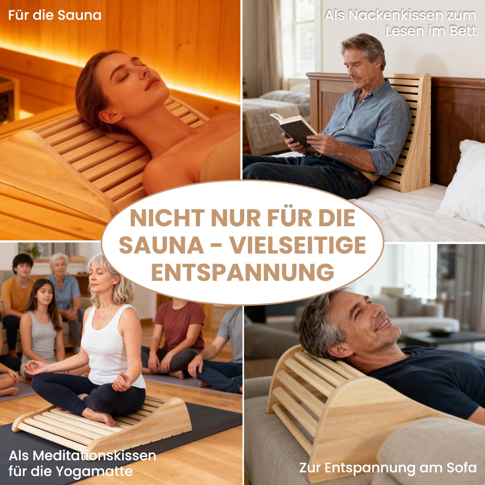 2 Stück Sauna Kopfstütze Holz [100% Naturholz] - Sauna Zubehör - Ergonomische Nackenstütze mit Luftzirkulation & Rutschfester Basis - Für alle Saunatypen inkl. Infrarotkabine & Dampfbad