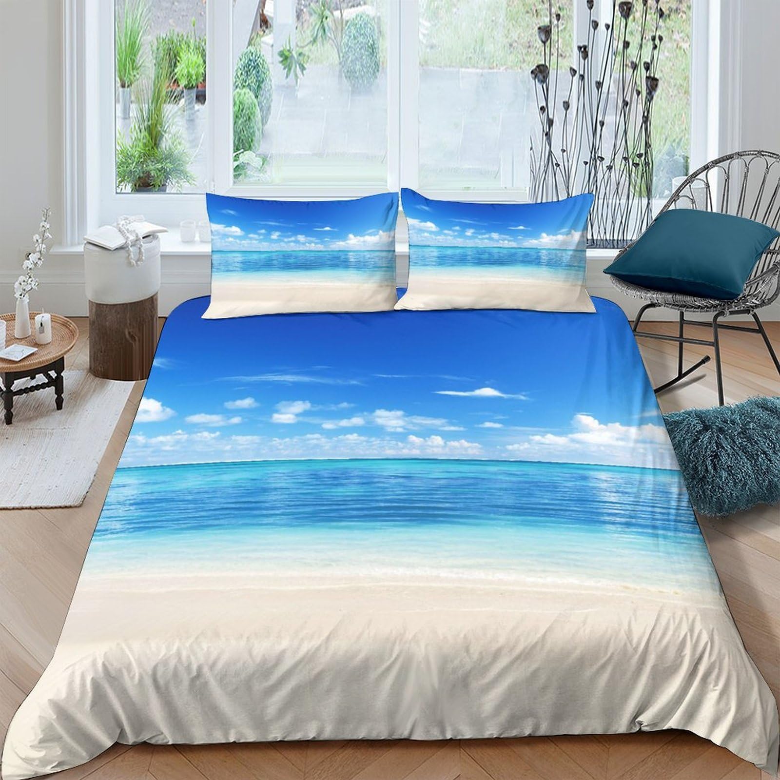 Ctjqhvkz Style-4 3D Printed Ocean Beach Fitted Sheet Microfiber Soft Blue Sky Mattress Cover For Bedroom Guest Room Decor Single（135X200cm）