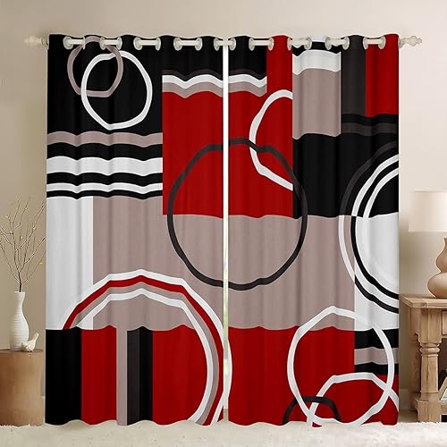 Miniatura 1 de Cortinas modernas con rayas rojas, grises y negras, cortinas rojas, geométricas, retro, circulares, espirales, para ventana, dormitorio, sala de