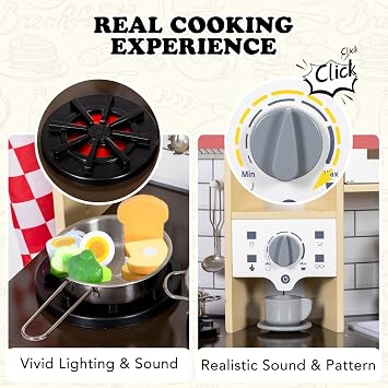 BRINJOY Kids Kitchen Playset, Wooden Pretend Play Kitchen for Kids w/Faucet, Sink, Stove, Oven, Cookware Utensils, Storage Cabinets, Toddler Role Play Toy Kitchen Set Gift for Girls Boys 3+ (Gray)