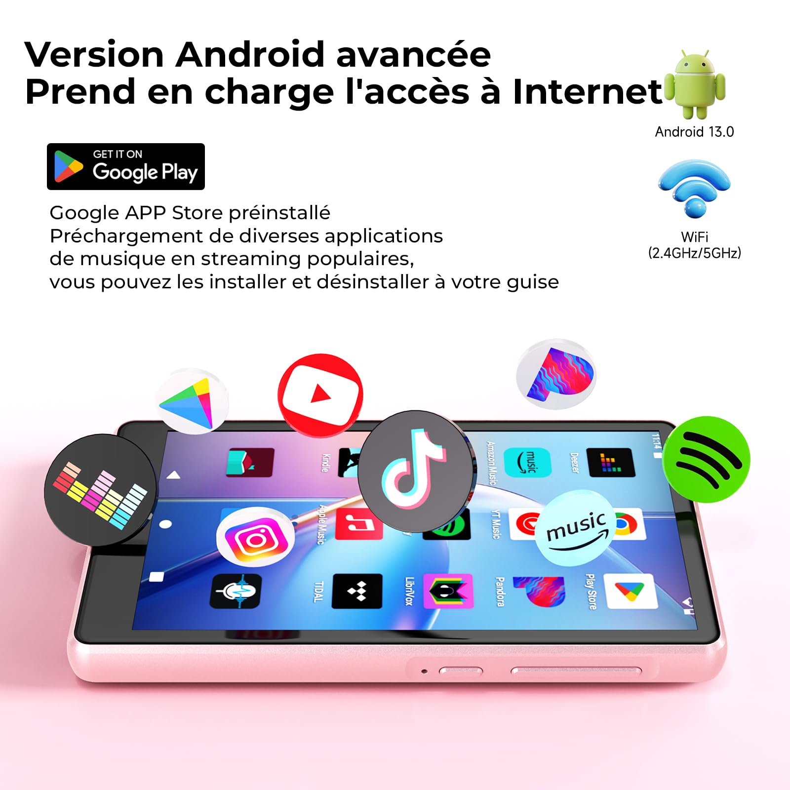 160 Go Lecteur MP3 Spotify avec Bluetooth et WiFi, Android Lecteur MP4
