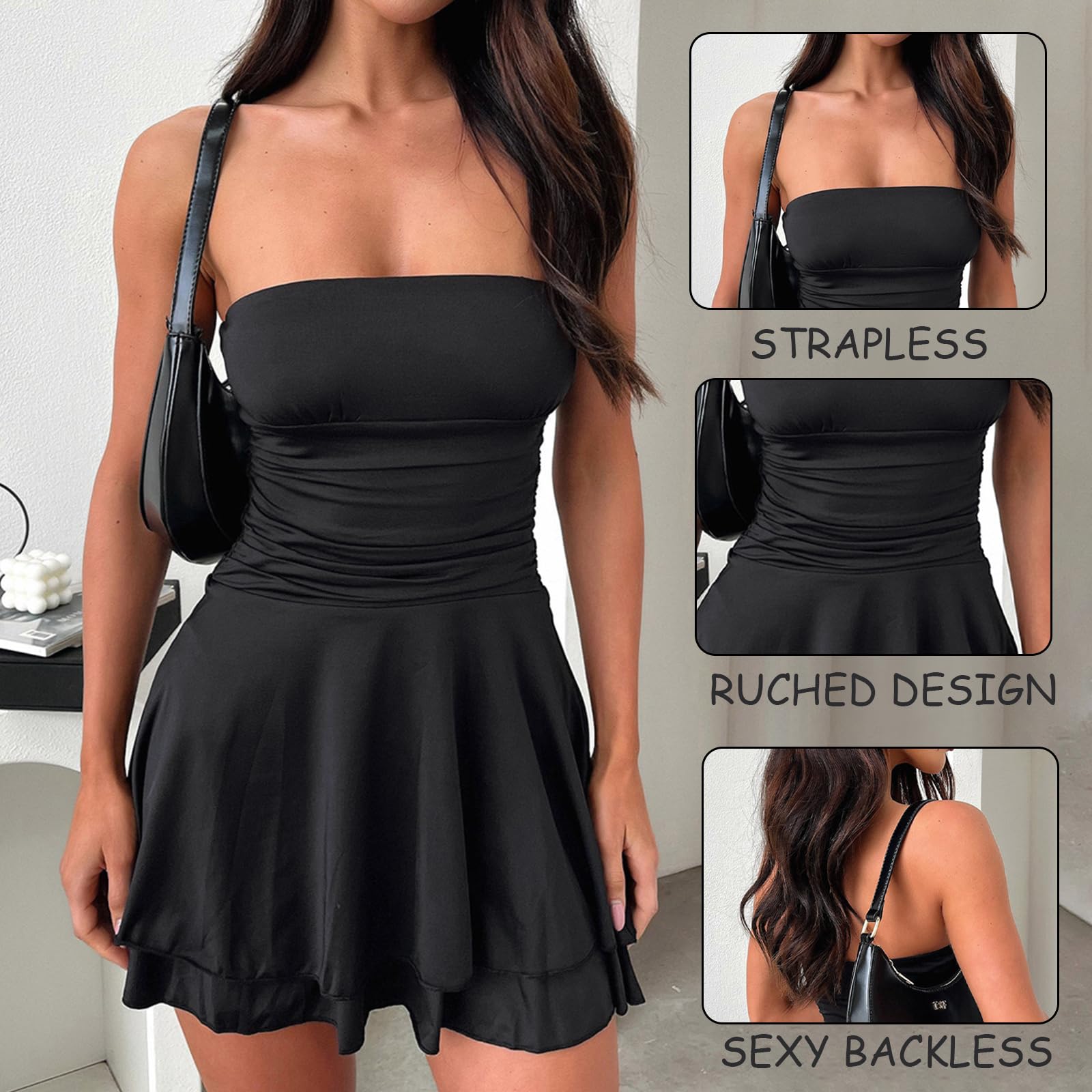 Vestito Sexy Donna Elegante Senza Maniche Mini Abito Senza Schienale e Senza Spalla Abito da Sera Corto Estivo Bodycon Abiti Casual Discoteca Dress Sera Cocktail Party Clubwear