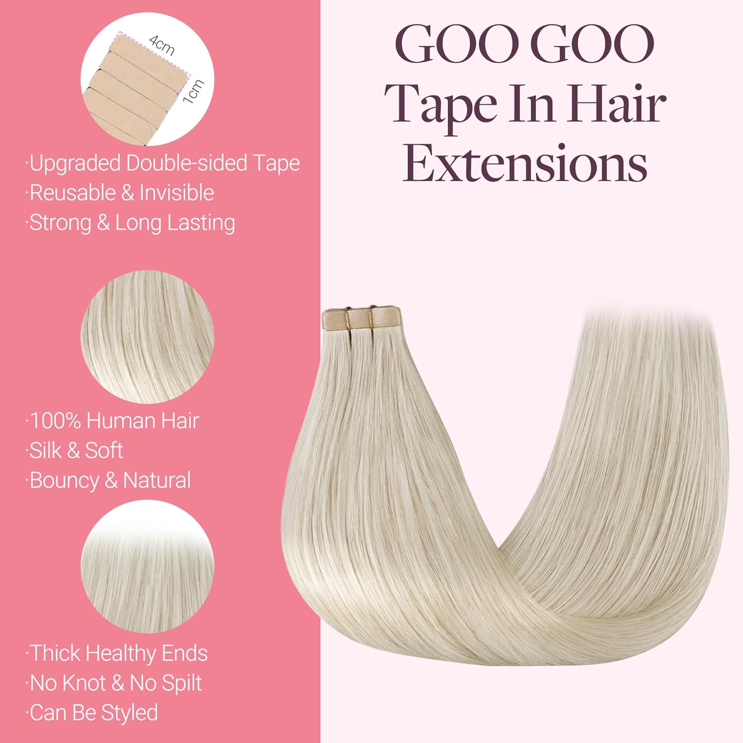 GOO GOO Tape in Hair Extensions Human Hair, 60A Platinum Blonde, 20inch 50g 20pcs, Skin Weft Seamless Invisible, Silky Straight with Thick Ends, Remy Human Hair