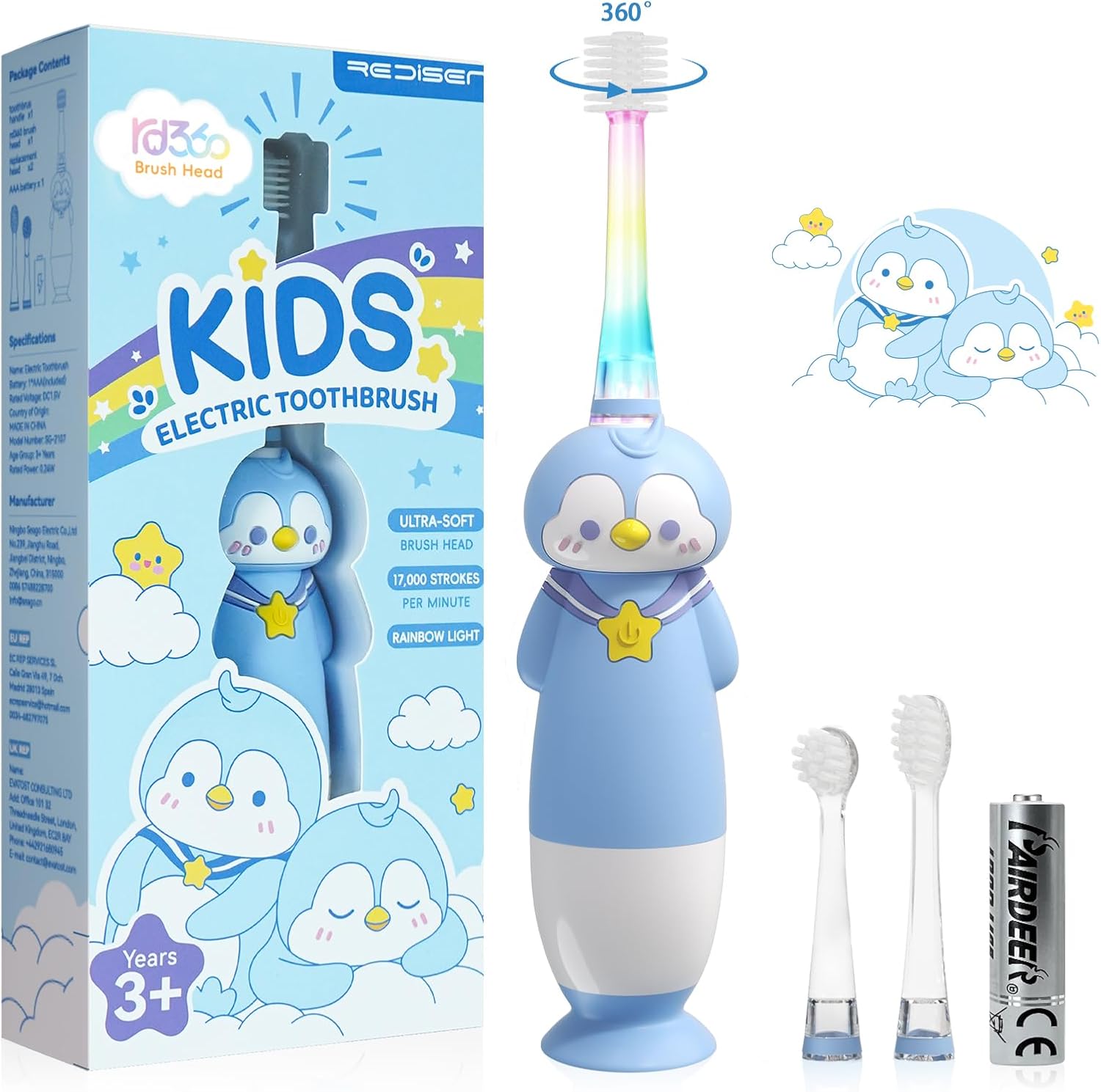 Toddler Electric Toothbrush, Baby Ages 3+ Battery Powered with Unique 360 Brush Head, Gentle Soft Bristles with Timer and LED Light, Vibrating Kids Toothbrush for Girls Boys (Penguin)