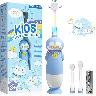Toddler Electric Toothbrush, Baby Ages 3+ Battery Powered with Unique 360 Brush Head, Gentle Soft Bristles with Timer and LED Light, Vibrating Kids Toothbrush for Girls Boys (Penguin)