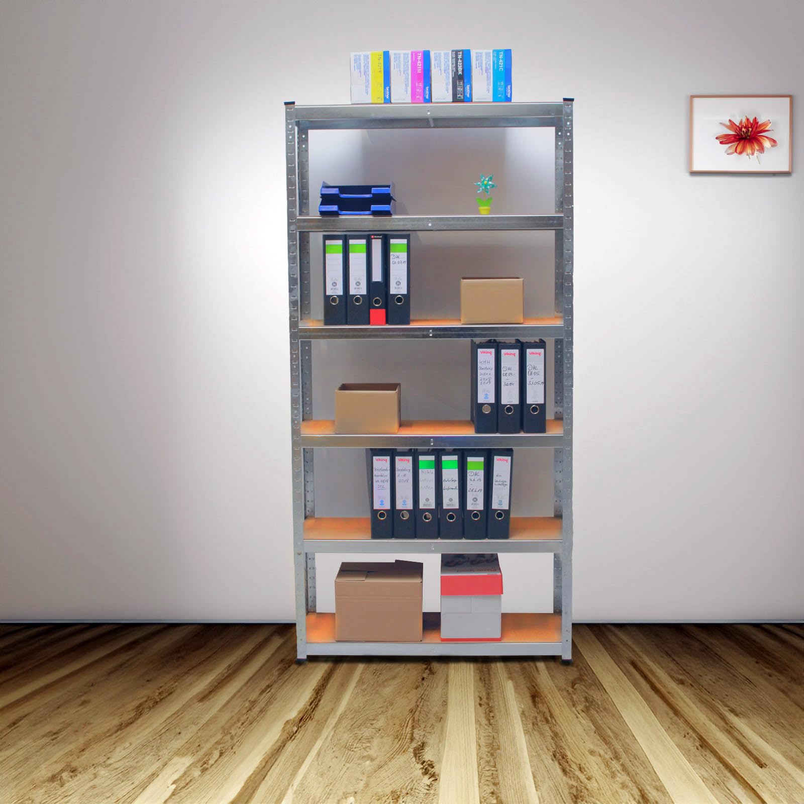 TRUTZHOLM Schwerlastregal 4er Set 200x100x30 cm verzinkt | Steckregal, 6 MDF-Böden je Regal, 900 kg Tragkraft, für Keller Garage Büro Archiv