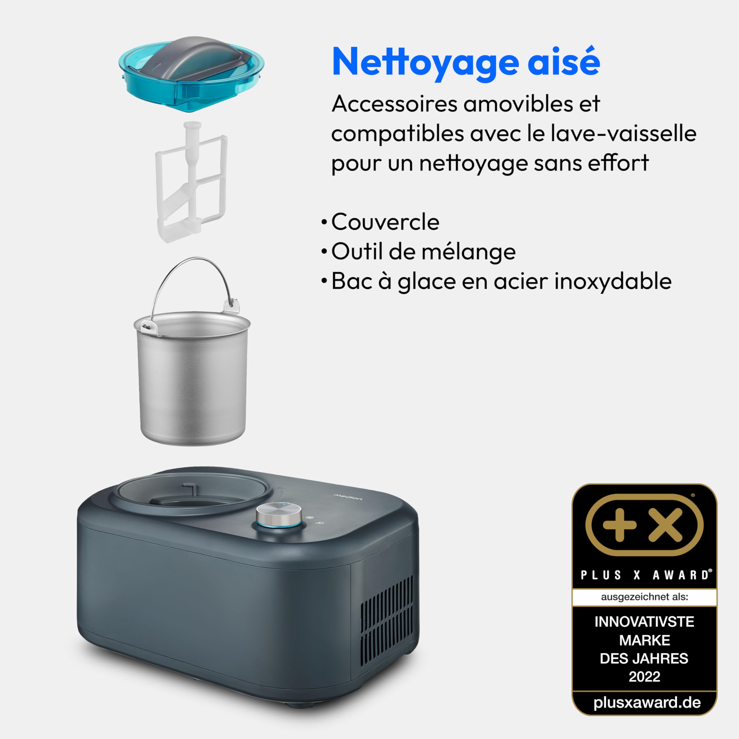 MEDION Sorbetière avec compresseur (Machine à glace auto-refroidissante, pour crème glacée, yaourt glacé & sorbet, 1 L, 100 W, récipient en aluminium, MD10169)