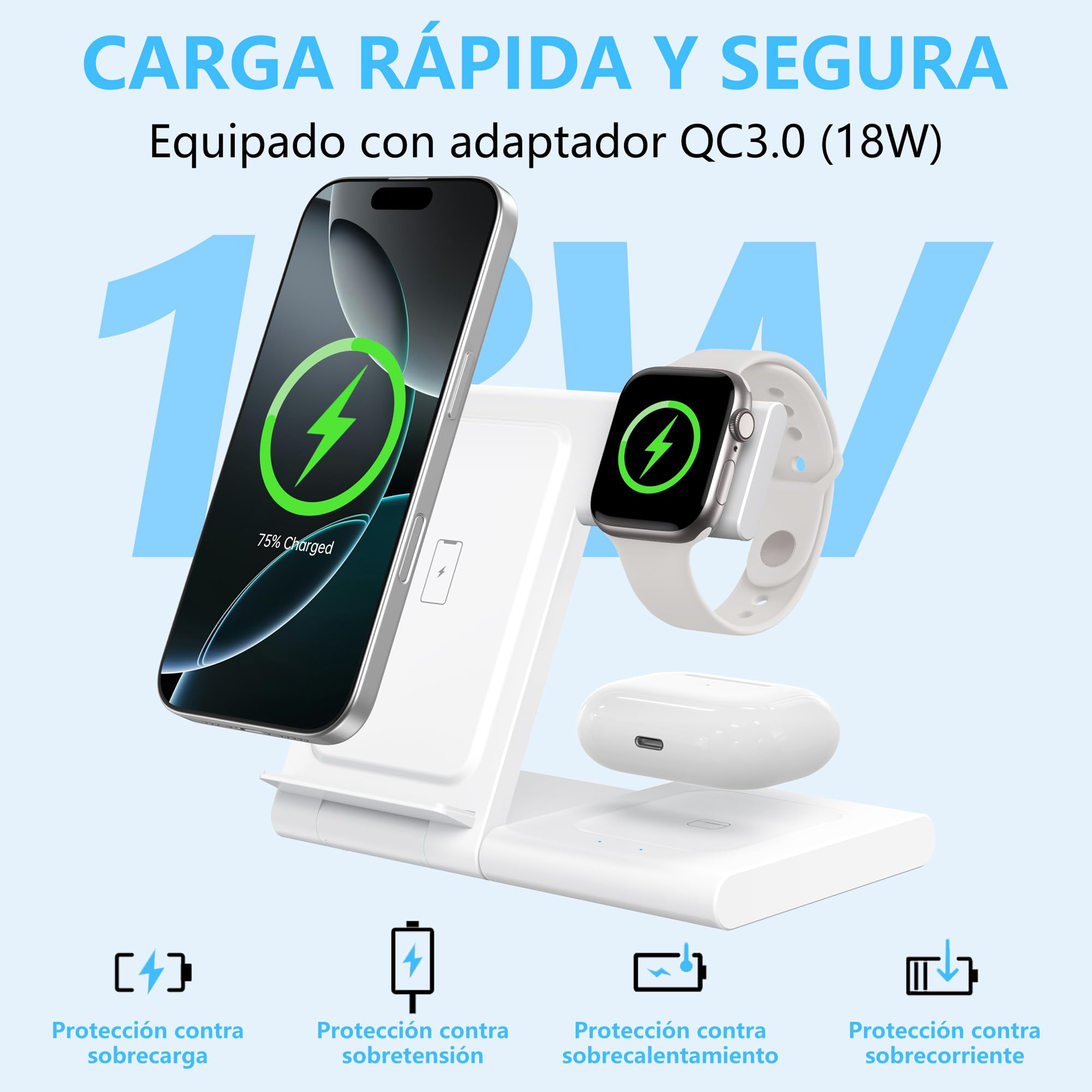 Cargador Inalámbrico 3 en 1 para iPhone 17/16/15/14/13/12, Estación de Carga Rápida 15W para Apple Watch Ultra/SE/Serie y AirPods Pro, Base Plegable de Escritorio y Mesilla