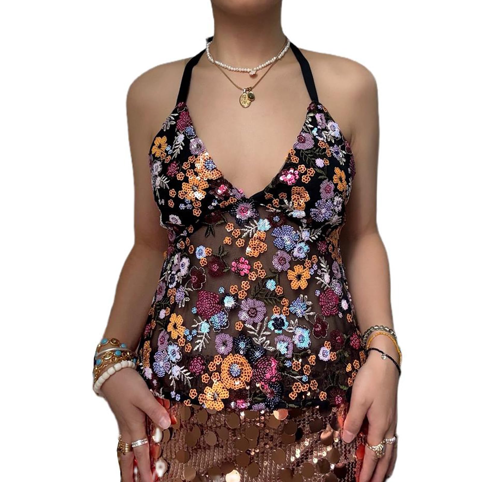 Women Sequin Beaded Cami Tops Sparkly Halter Neck Crop Tank Tops Rhinestone Embellished Cross Tie Backless Summer Vest Camisole (Z185815-black, L)