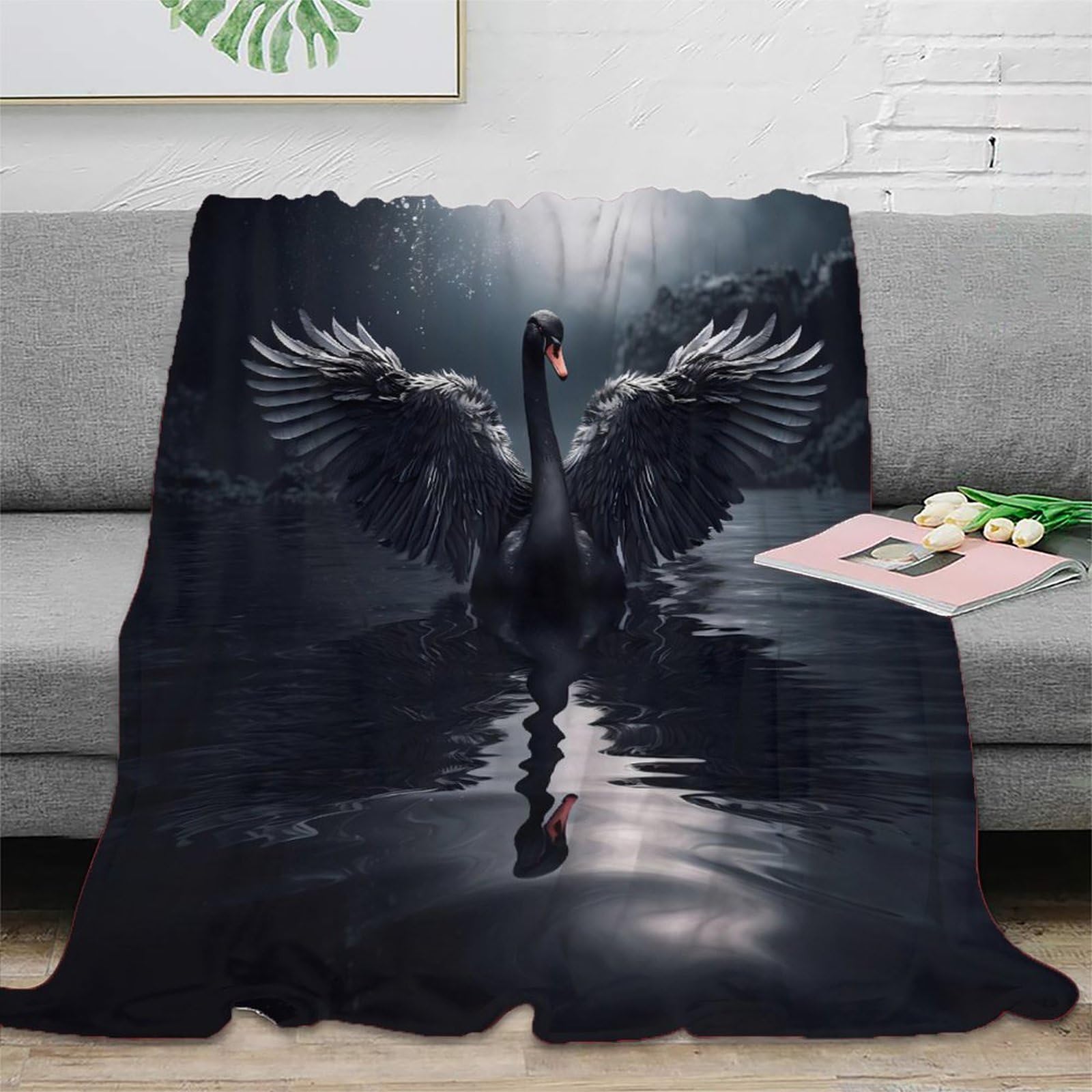 Plaid cygne noir 3D microfibre jeté de canapé chaud 150x200cm
