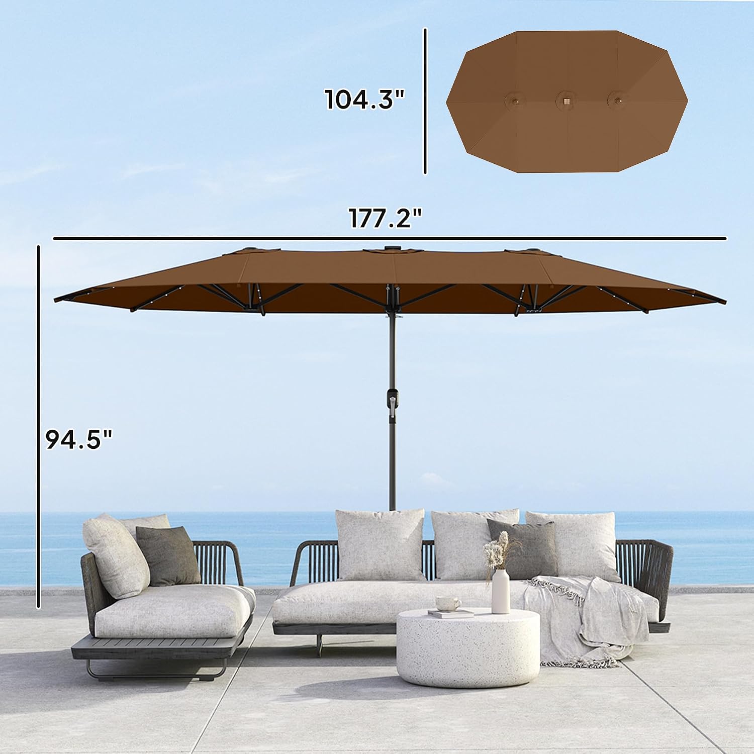 Outsunny 14.8ft Double Umbrella, Large Outdoor Patio Sun Shade with LED Solar Light for Garden