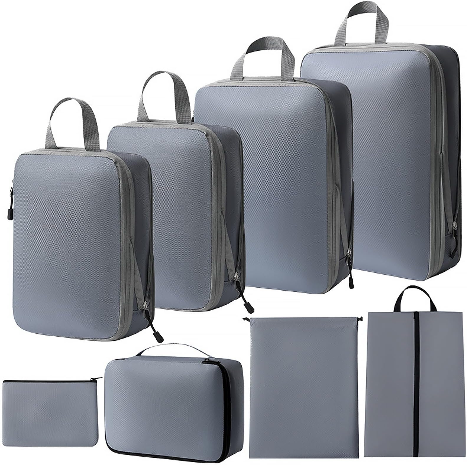 Hap Tim Compression Packing Cubes Travel Organizer, 7 Travel Set with 3 Compressible Packing Cubes for Carry on Luggage, 1 Shoe Bag, 1 Underwear Cube, 1 Laundry Bag, 1 Drawstring Bag, Grey