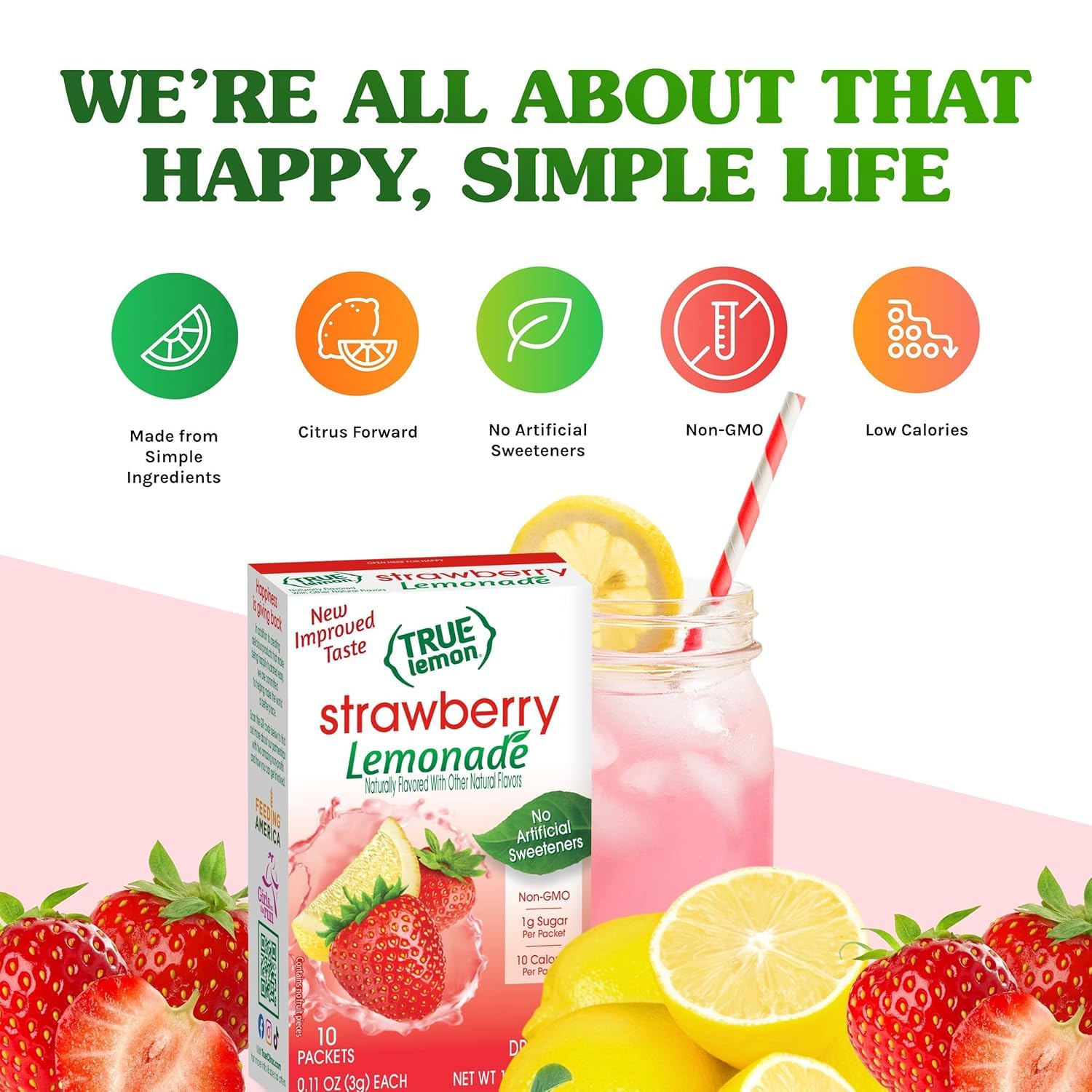 True Citrus True Lemon Strawberry Lemonade Drink Mix, Made from Real Lemons, Low Calorie, Low Sugar, Lemonade Drink Mix, 1.06 oz, 10 Count (Pack of 24)