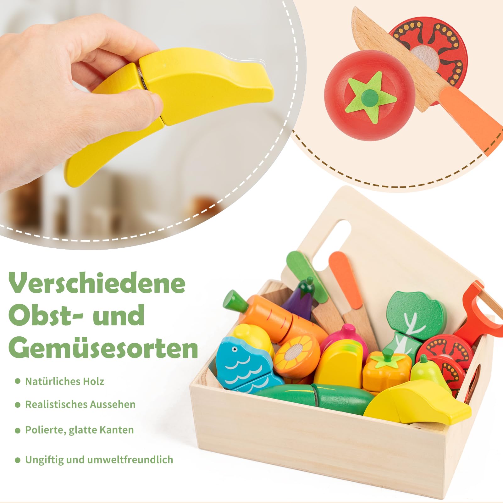 Kinderküche Zubehör Spielzeug ab 3 Jahre, Holzspielzeug Kinderküche Spielküche Zubehör mit Klett-Verbindung, 32 Stück Küchenspielzeug Lernspielzeug Rollenspiele Pädagogisches Spielzeug Geschenk