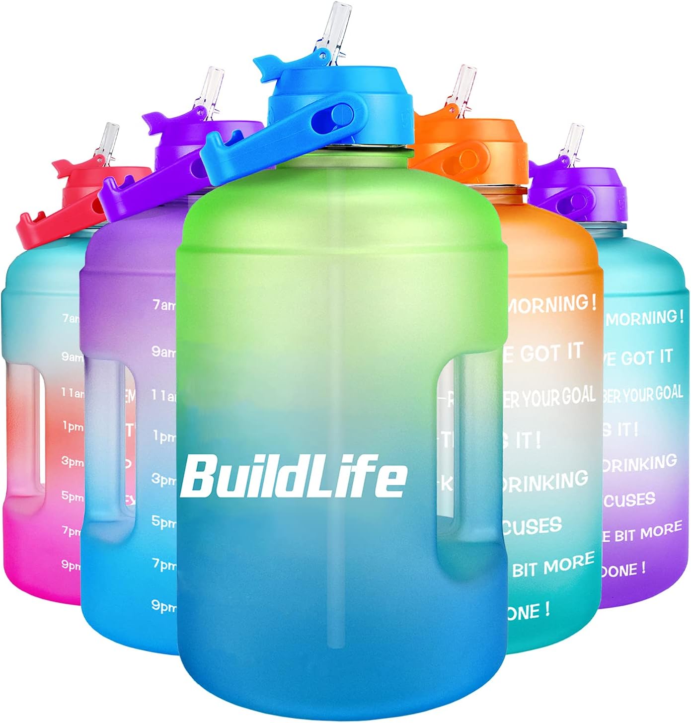 BuildLife 1 Gallon Water Bottle -Leakproof Straw Lid BPA Free Water Jug with Motivational Time Marker & Phone Holder Handle to Remind You Drink Enough Water Throughout The Day for Goals