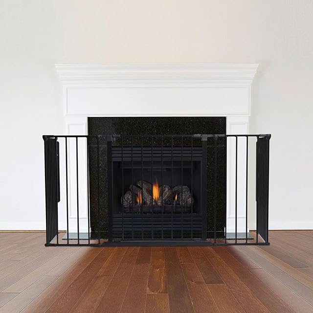 Safetots Multi Panel Fire Surround, 51cm Deep x 138cm Wide, Black, 70cm Tall, Child and Pet Fire Safety, Baby and Toddler Fire Guard, Safety Barrier for Fireplaces, Easy Installation | Sturdy multi-panel design, door panel, secure wall mounting, removable from wall mounts and easy installation.