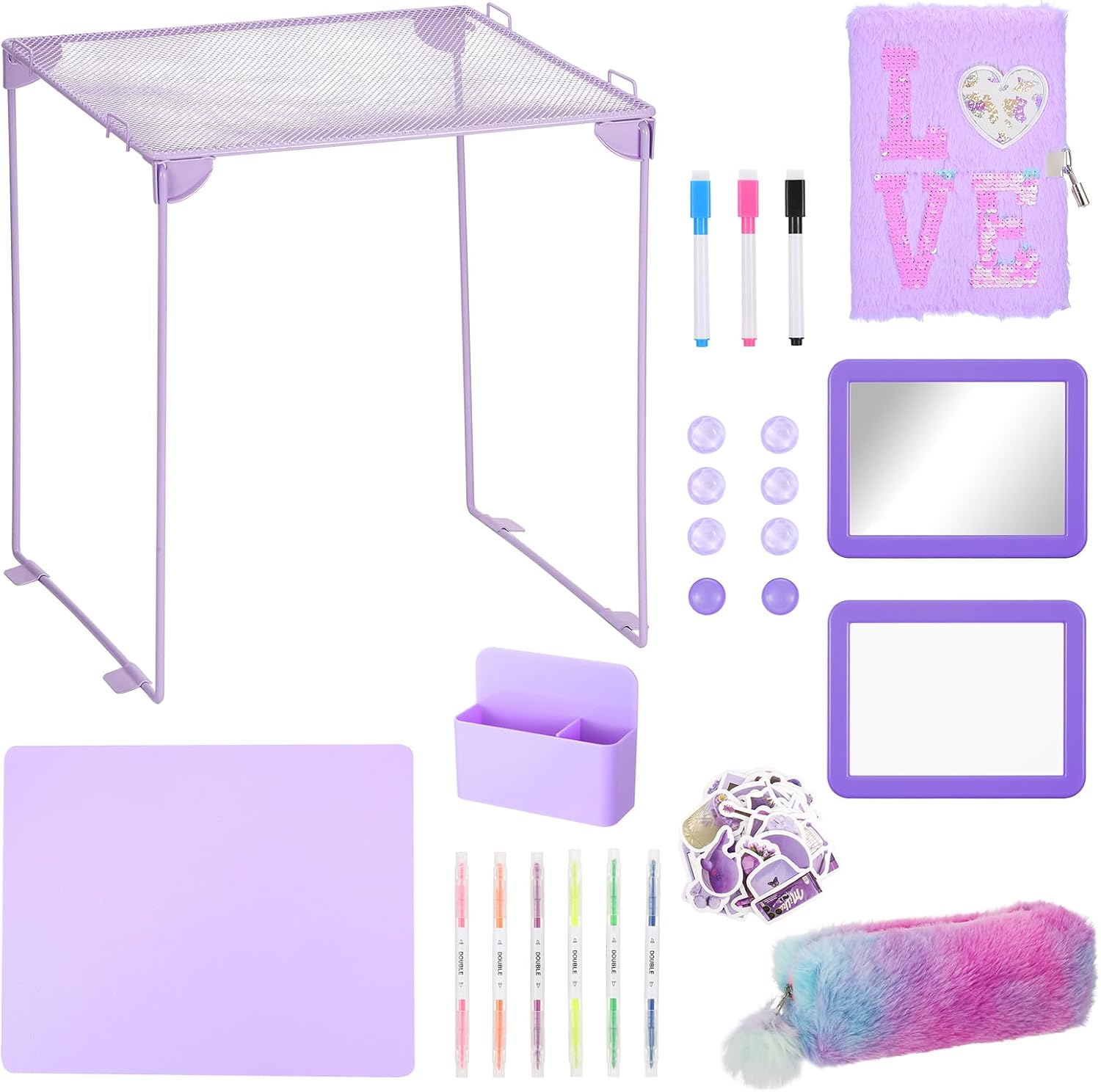 25 PCS Purple School Locker Accessories Kit for Girls with Locker Shelf Include Magnetic Mirror and Whiteboard Pen Holder Marker Rug Magnets Fur Pencil Bag and Secret Notebook