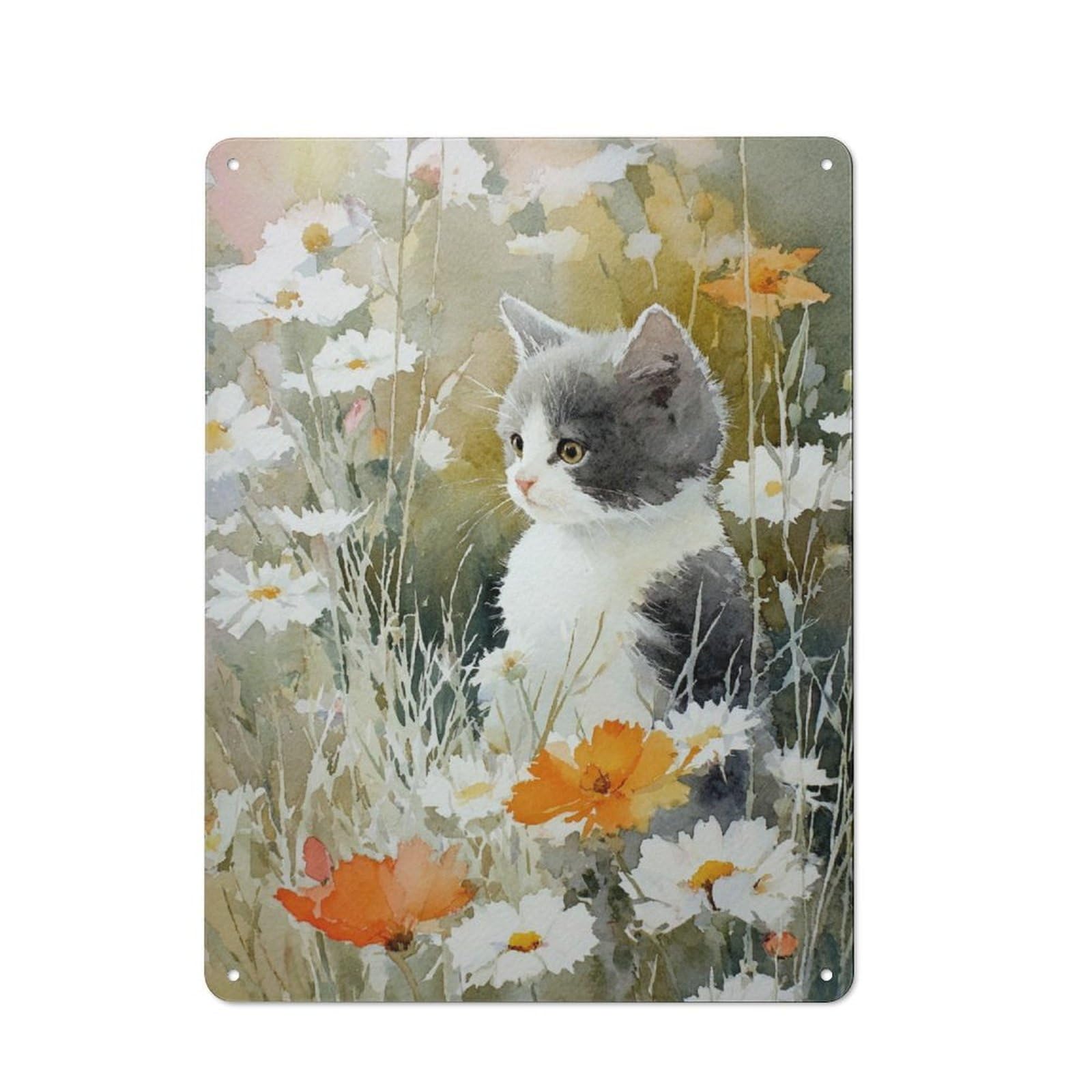 Junmoney Kitten In Blossoms Retro Metal Wall Sign 40X30cm With For Home Bar Wall, A Housewarming Gift For Hosts Who Enjoy Retro Interiors
