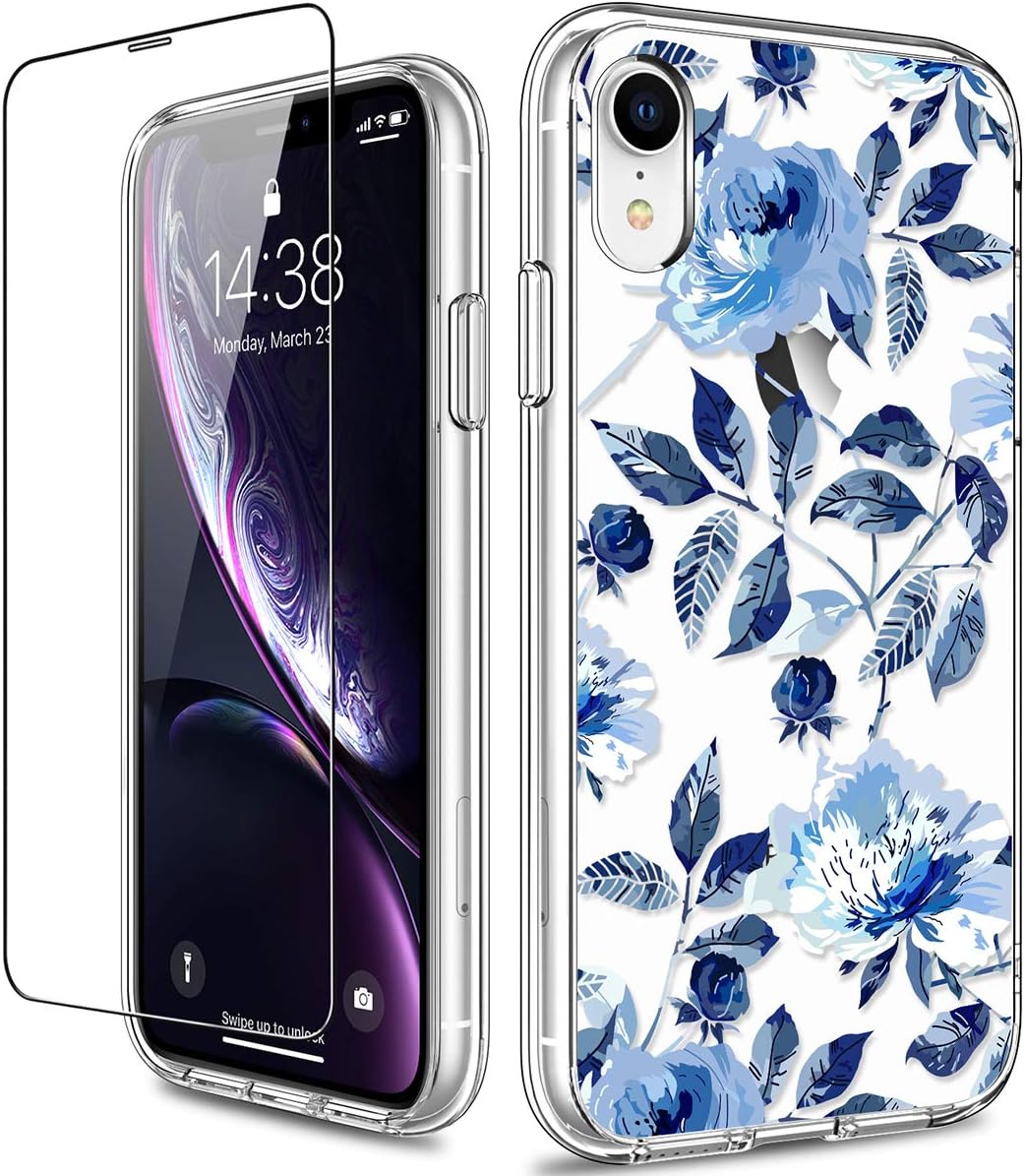 GiiKa iPhone XR Case with Screen Protector, Clear Heavy Duty Protective Case Floral Girls Women Shockproof Hard PC Back Case with Slim TPU Bumper Cover Phone Case for iPhone XR, Blue Flowers