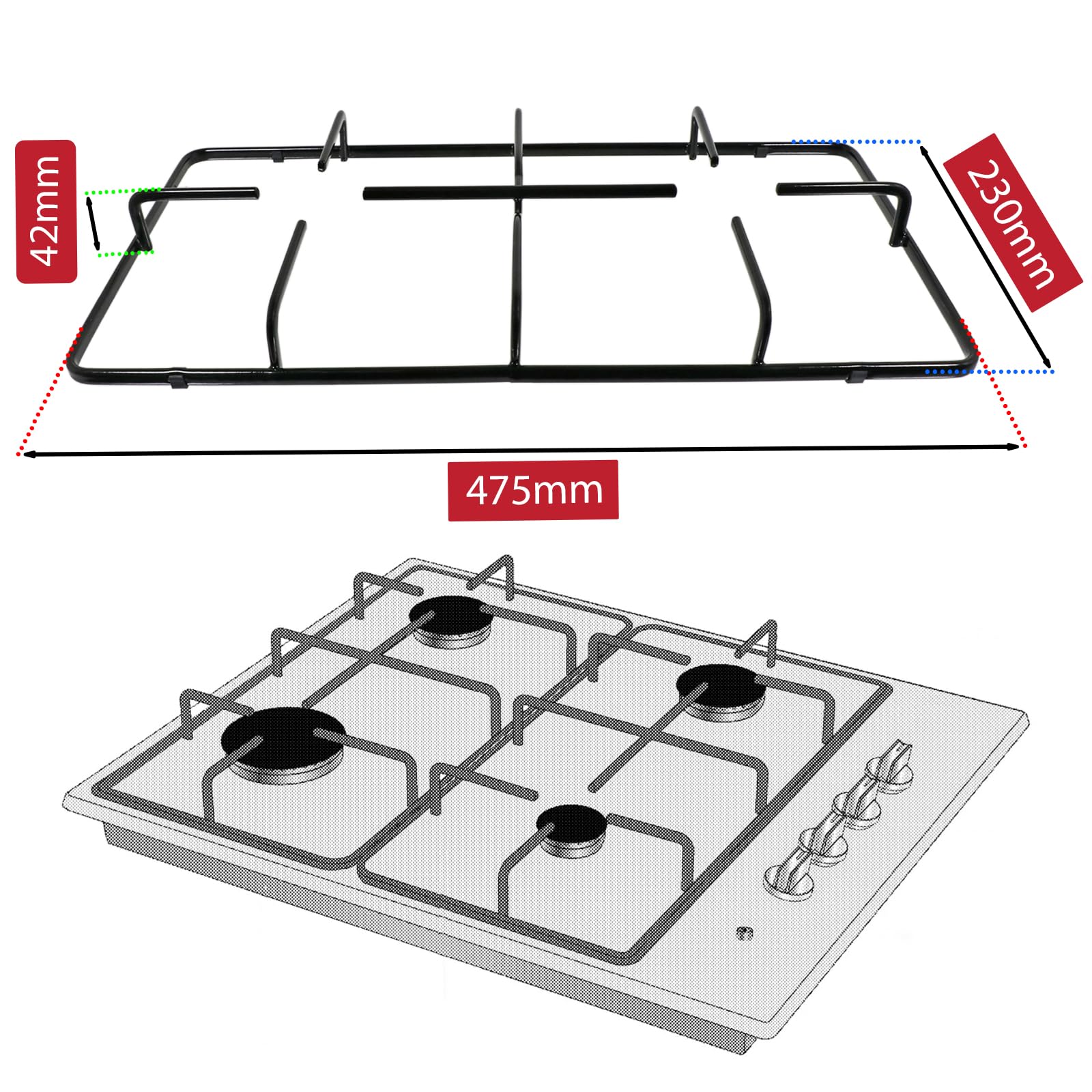 SPARES2GO Supporto Pentole Per Piano Cottura Gas Grundig GHI6420GI, Griglia Bruciatore (Confezione Da 2), 475mm X 233mm
