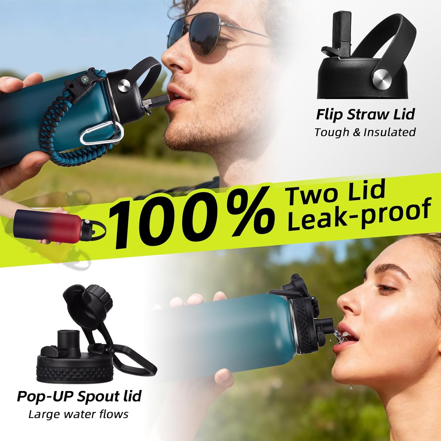 32oz Insulated Water Bottle Flask - Cold-48h & Hot-24h, Stainless Steel Water Bottle Hydro Cup with Paracord Handle, Straw & Spout Lids, Strap Carrier Bag, Meta Water Bottle for Sports Fitness Hiking - Image 3