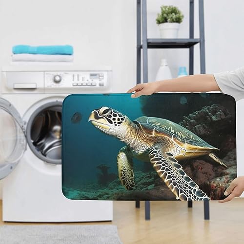 Miniatura 7 de Juego de 3 alfombras de baño con estampado de tortuga marina con alfombras antideslizantes, cubierta para tapa de inodoro y tapete de baño,