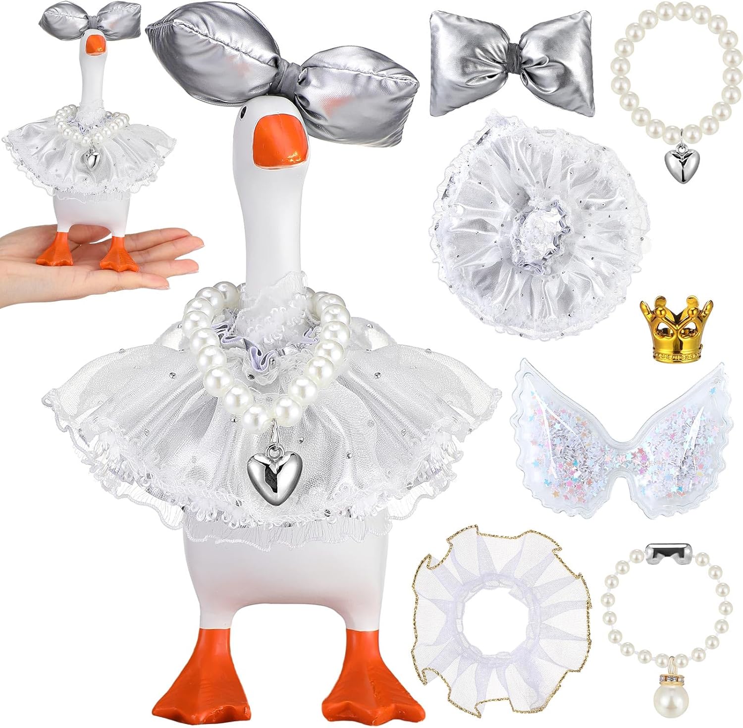 7 Pcs 7 Inch Mini Desk Goose Outfits with Bow Tiara Crown Necklace Tutu Dress Wings Princess for Magnetic Duck Statue Desk Key Holder Decor(White)