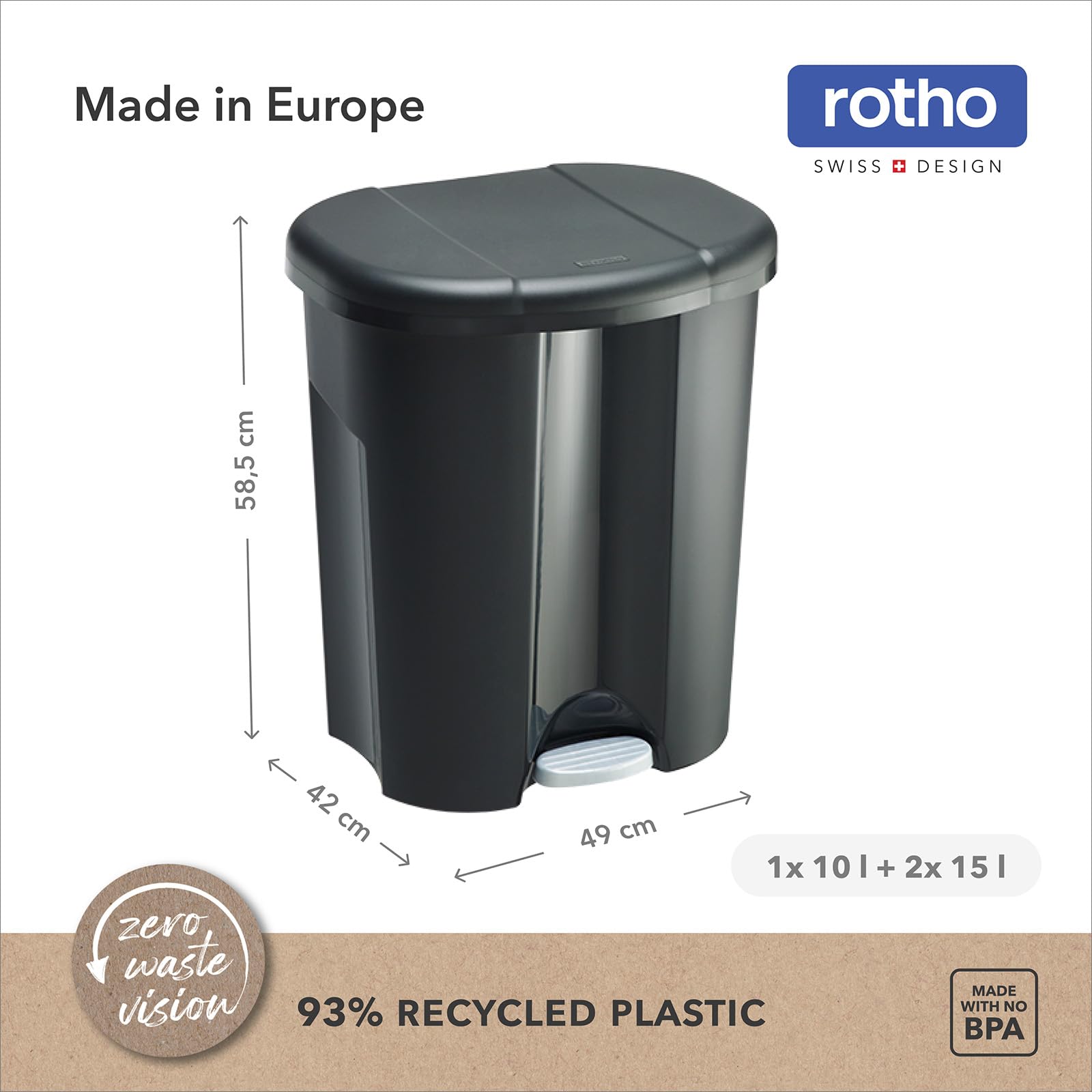Rotho Duo Portarifiuti per la Raccolta Differenziata con Coperchio e Pedale, Plastica (PP) senza BPA, Nero, 2 x 10 L, 39.0 x 32.0 x 40.5 cm